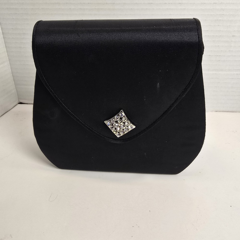 La Regale LTD Black Satin Evening Crossbody Purse Formal With Rhinestone Closure